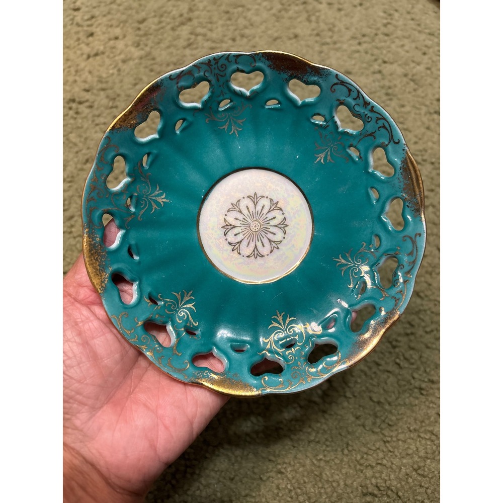 Royal Halsey Lipper & Mann Turquoise Lusterware Reticulated Heart Trinket Japan